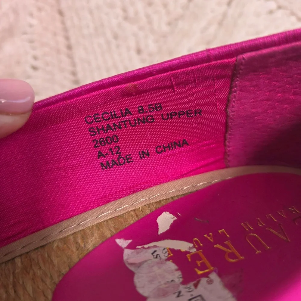 Ralph Lauren Cecilia Espadrille Wedge Heels Hot Pink Silk Peep Toe Womens 8.5B